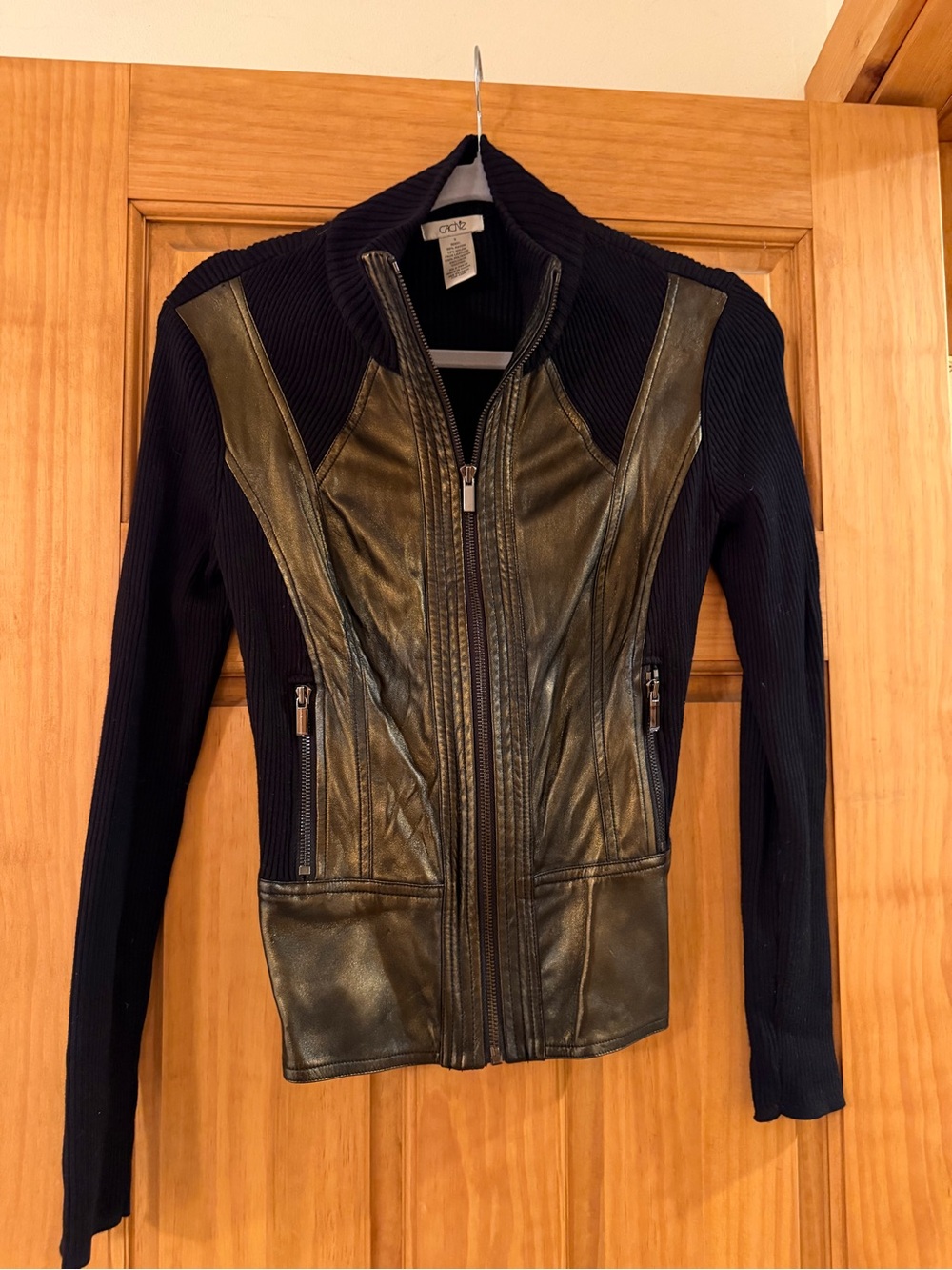 Cache Black Knit Jacket with Black Faux Leather Panels